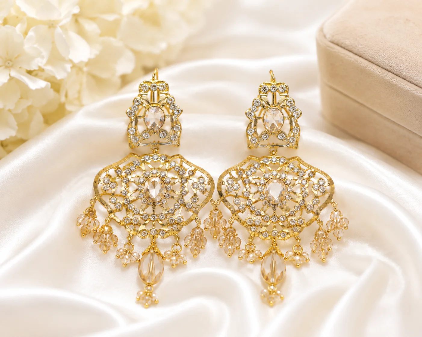 Gold Crystal Chandelier Earrings with Champagne Beads