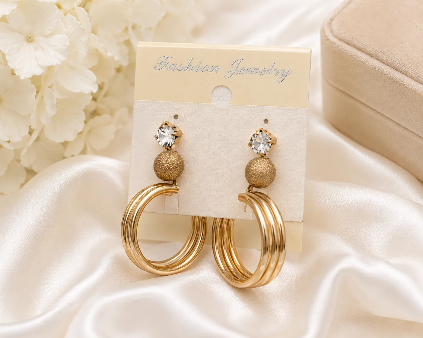Gold Triple Hoop Earrings with Crystal Stud