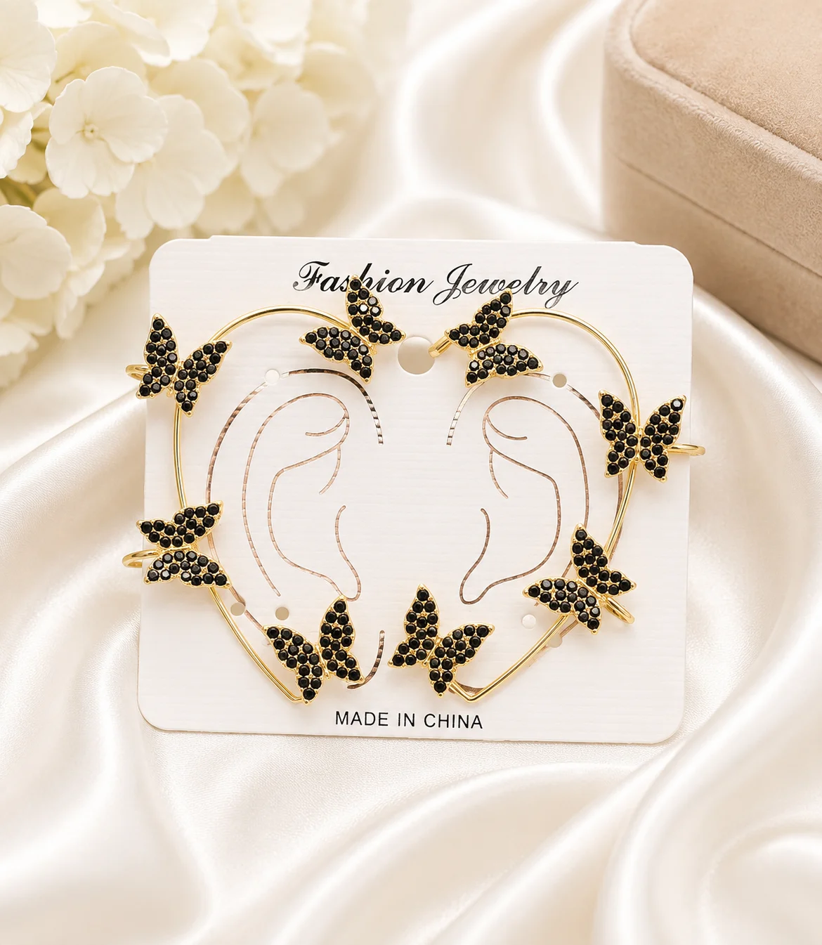Black Crystal Butterfly Heart Hoop Earrings