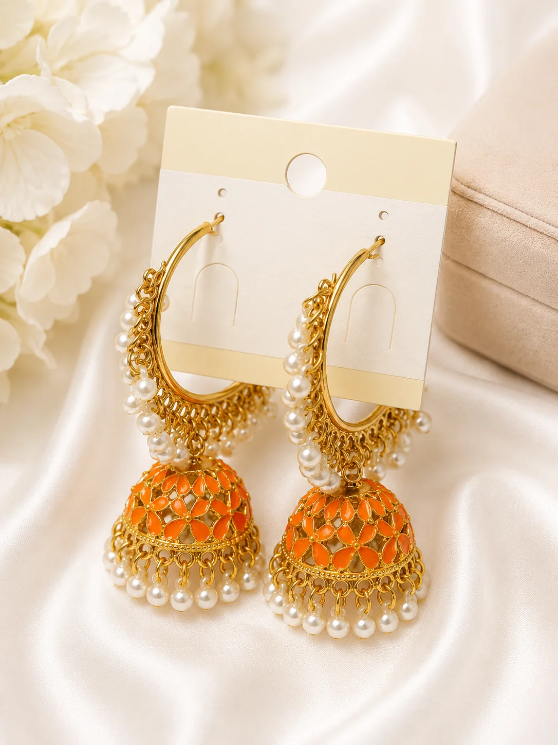 Orange Floral Jhumka Hoop Earrings with Pearls