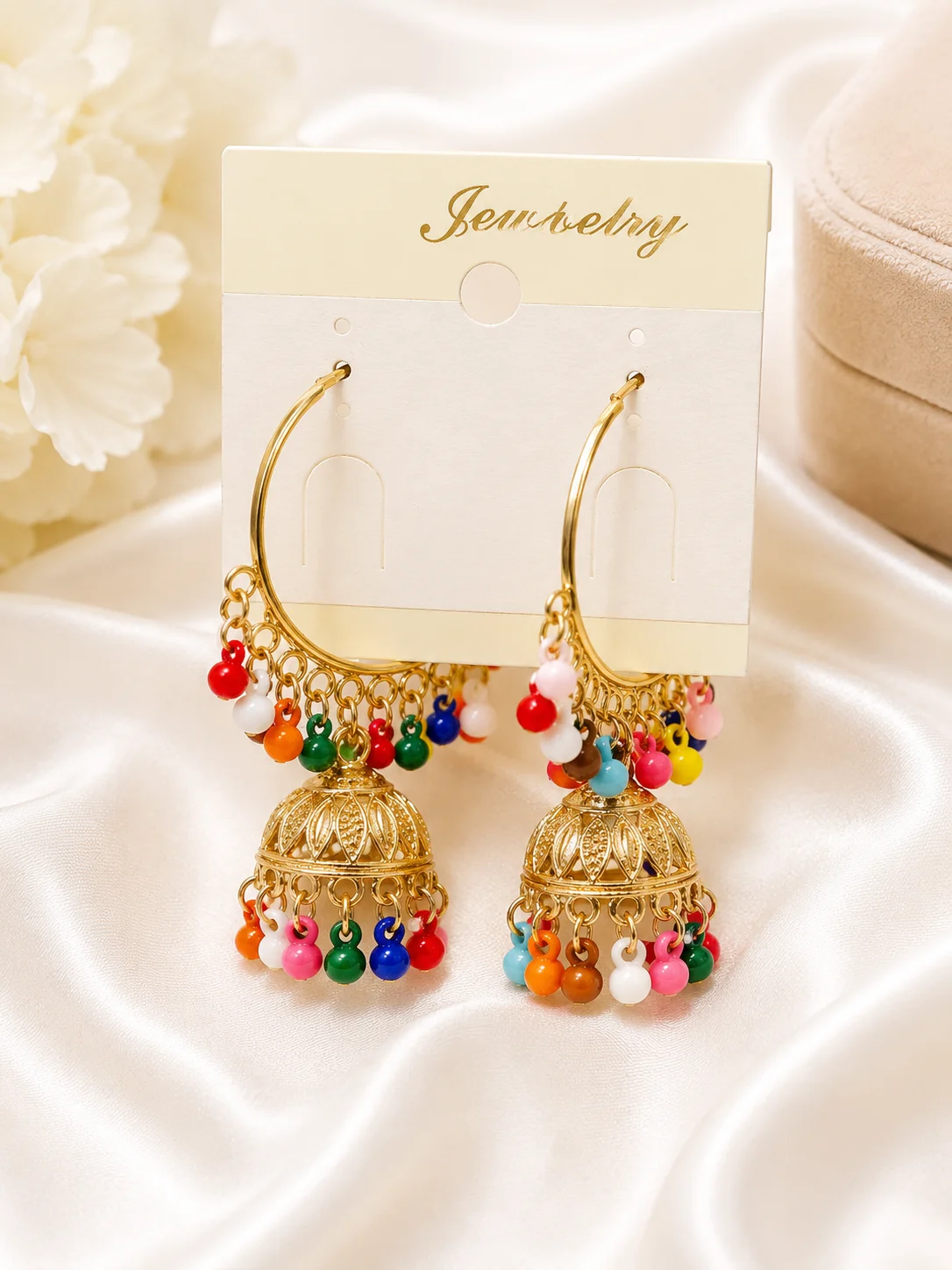 Multicolor Beaded Gold Hoop Jhumka Earrings