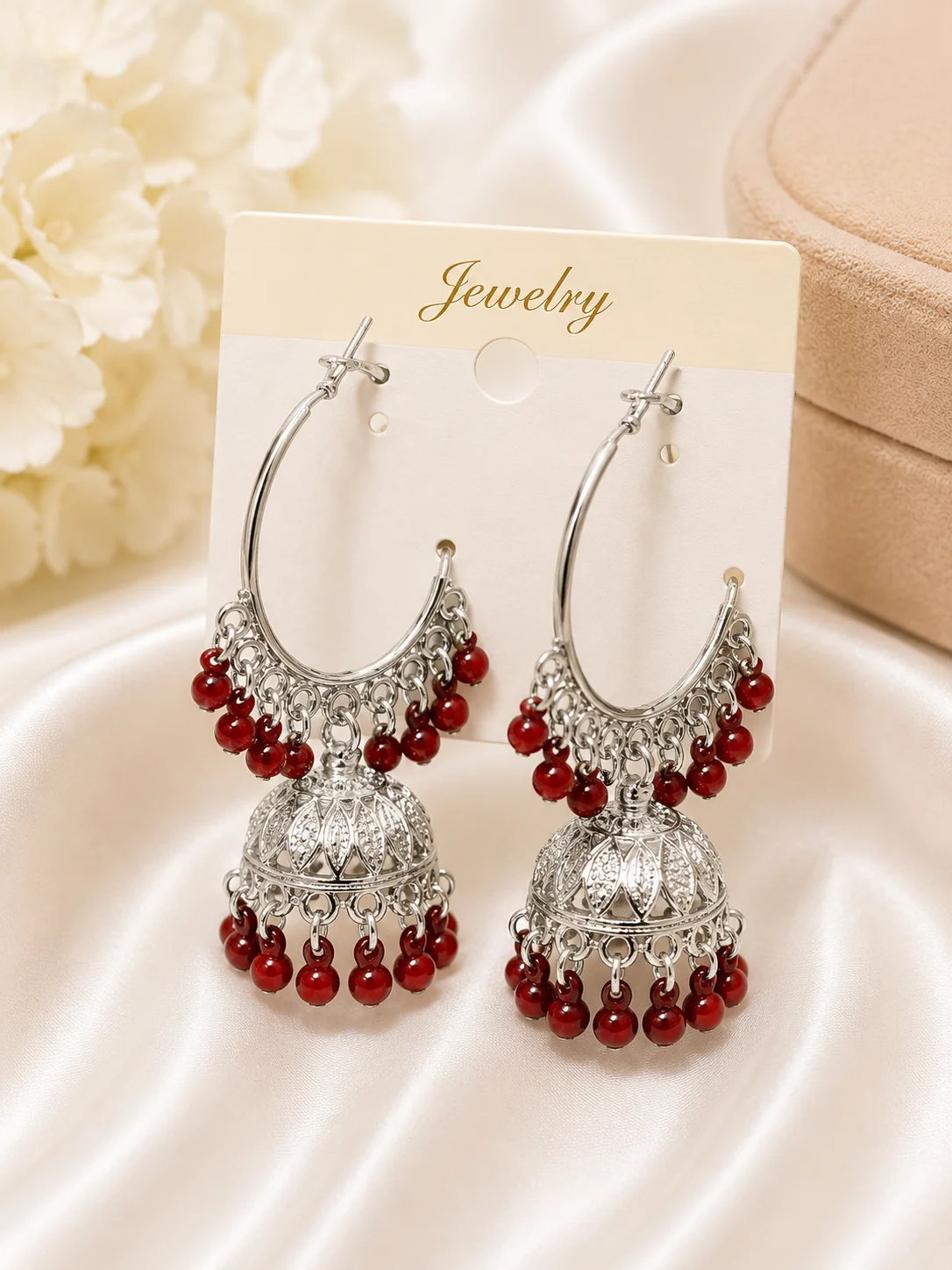 Silver Hoop Jhumka Earrings with Red Beads