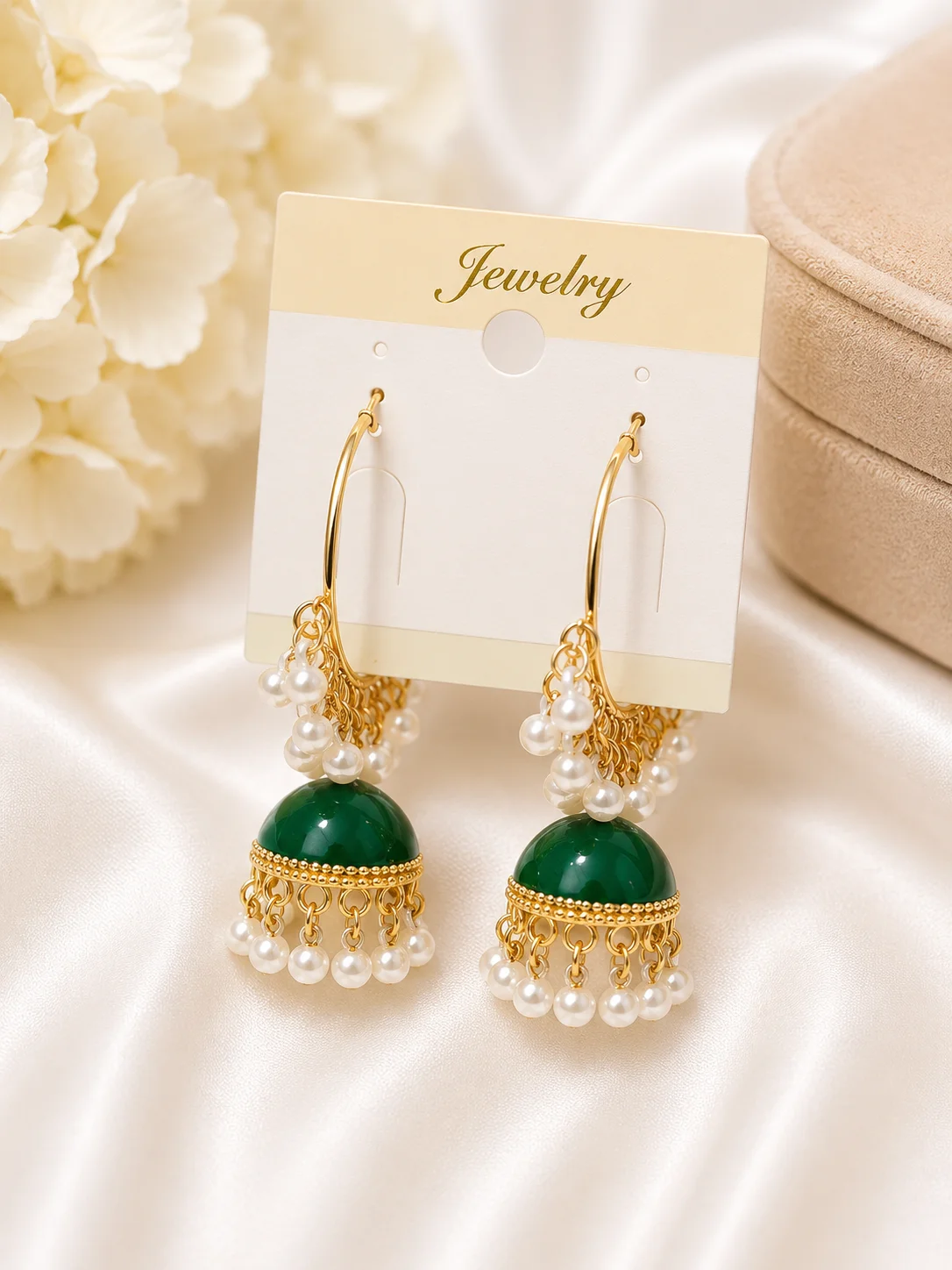 Green Dome Hoop Jhumka Earrings with Pearls
