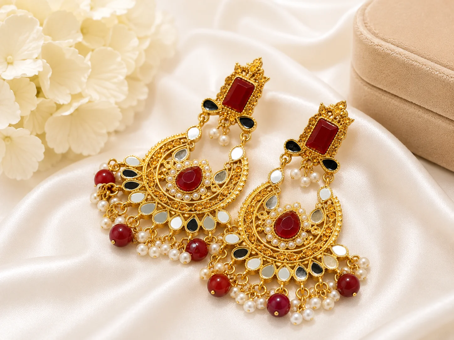 Gold Mirror Chandbali Earrings with Ruby Red Stones & Pearls