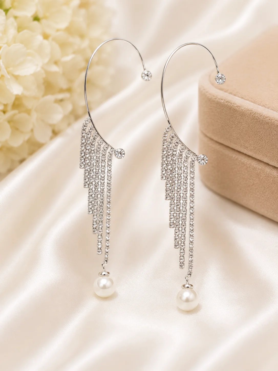 Luxury Silver Crystal Tassel Ear Cuff Earrings with Pearl Drop
