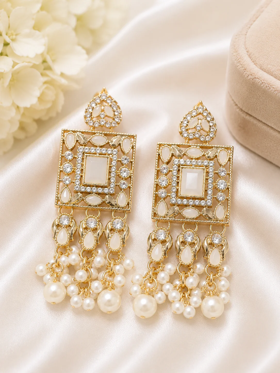 Luxury Gold Square Kundan Earrings with Pearl Drops