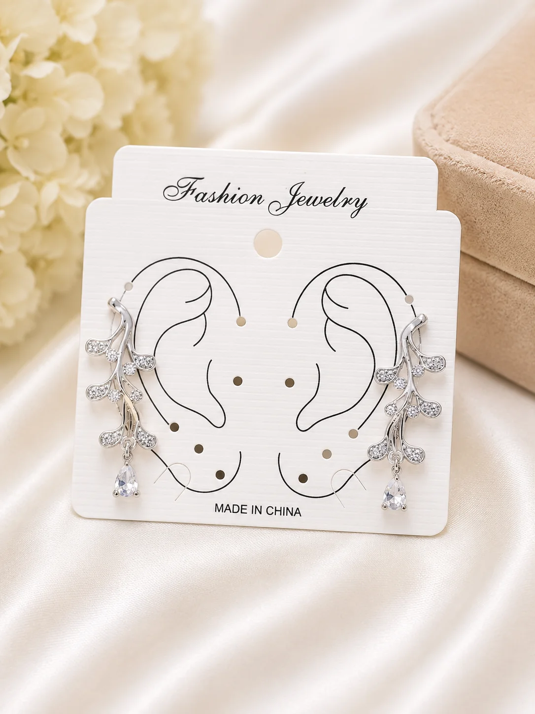 Luxury Silver Crystal Leaf Ear Cuff Earrings with Teardrop