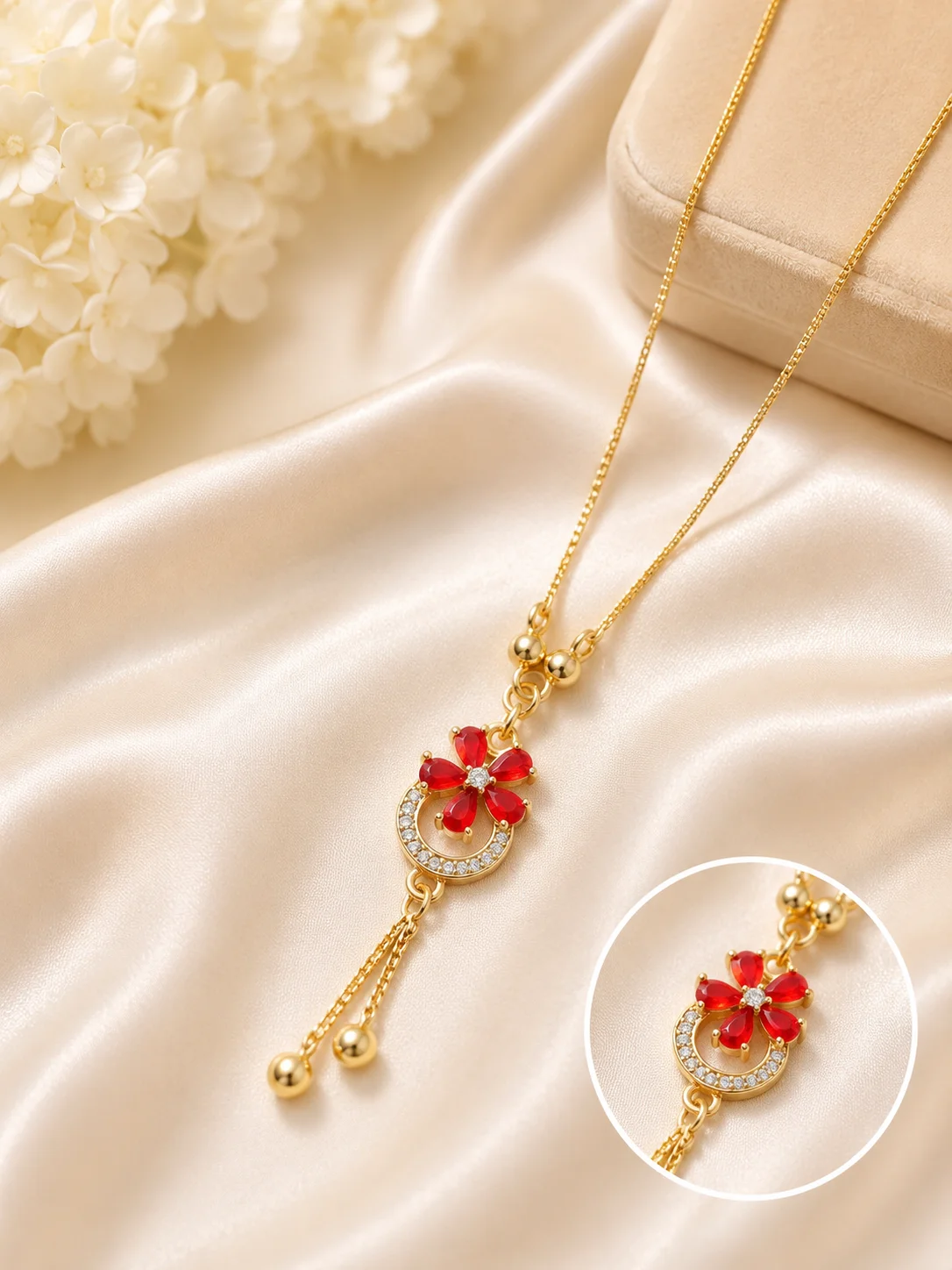 Gold-Plated Red Floral Pendant Necklace for Women