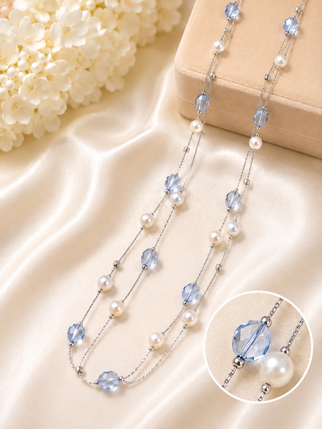 Double Layer Silver Pearl & Sky Blue Crystal Necklace for Women