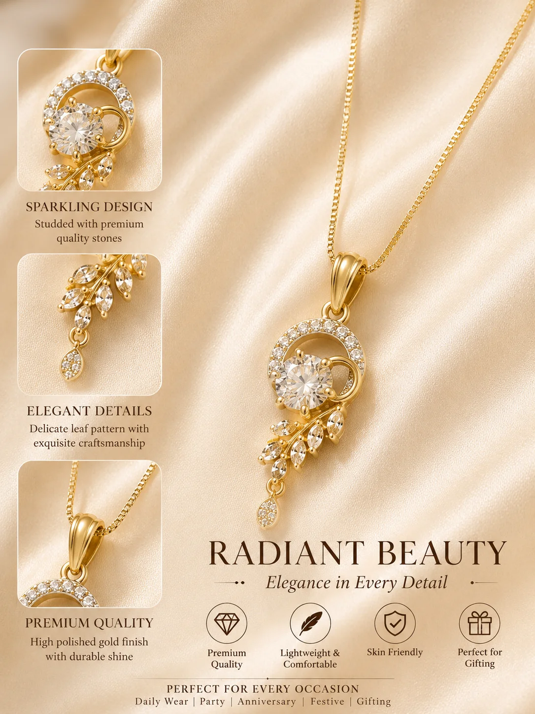 Gold Crystal Leaf Pendant Necklace
