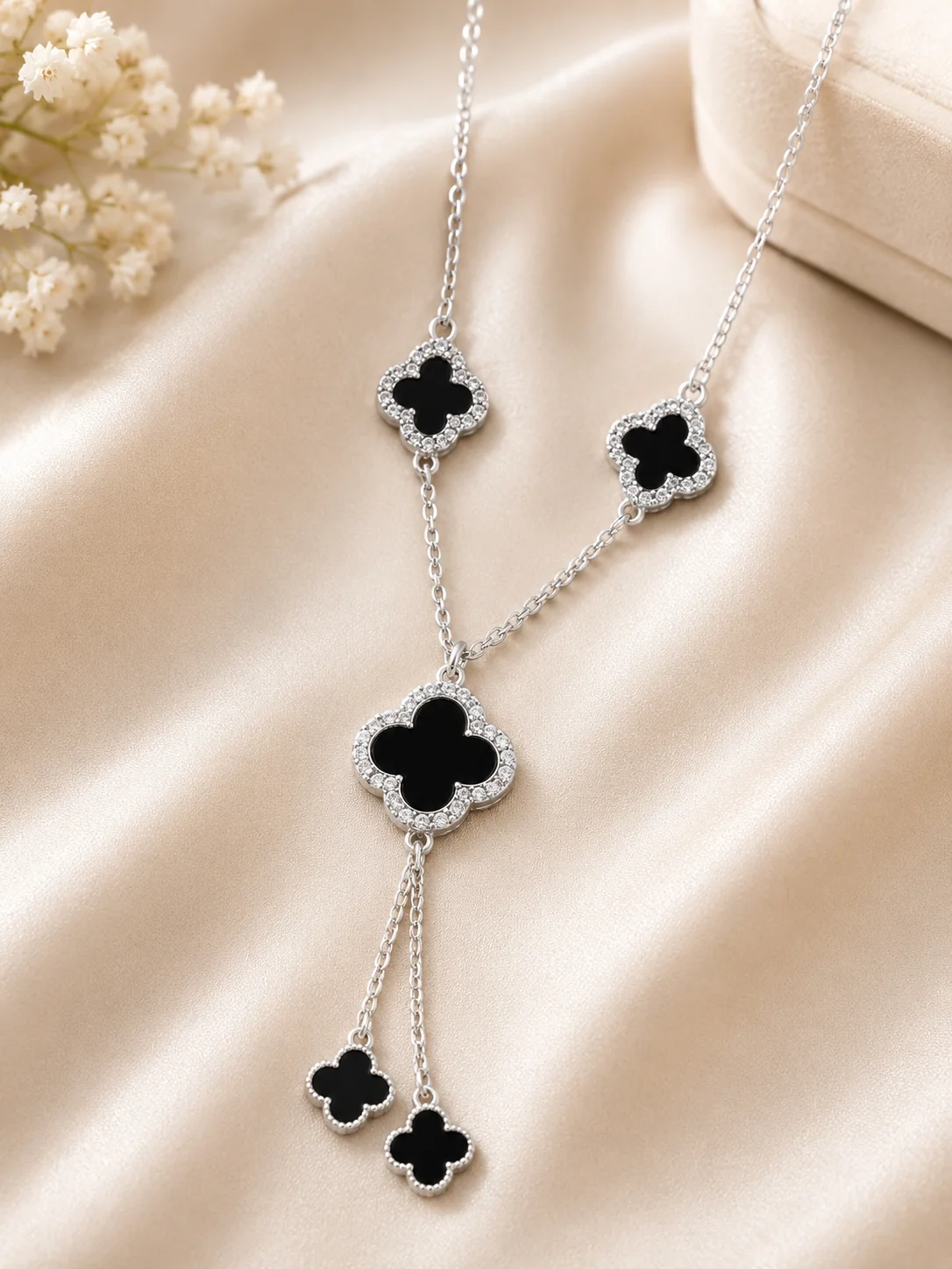 Black Clover Silver Pendant Necklace for Women