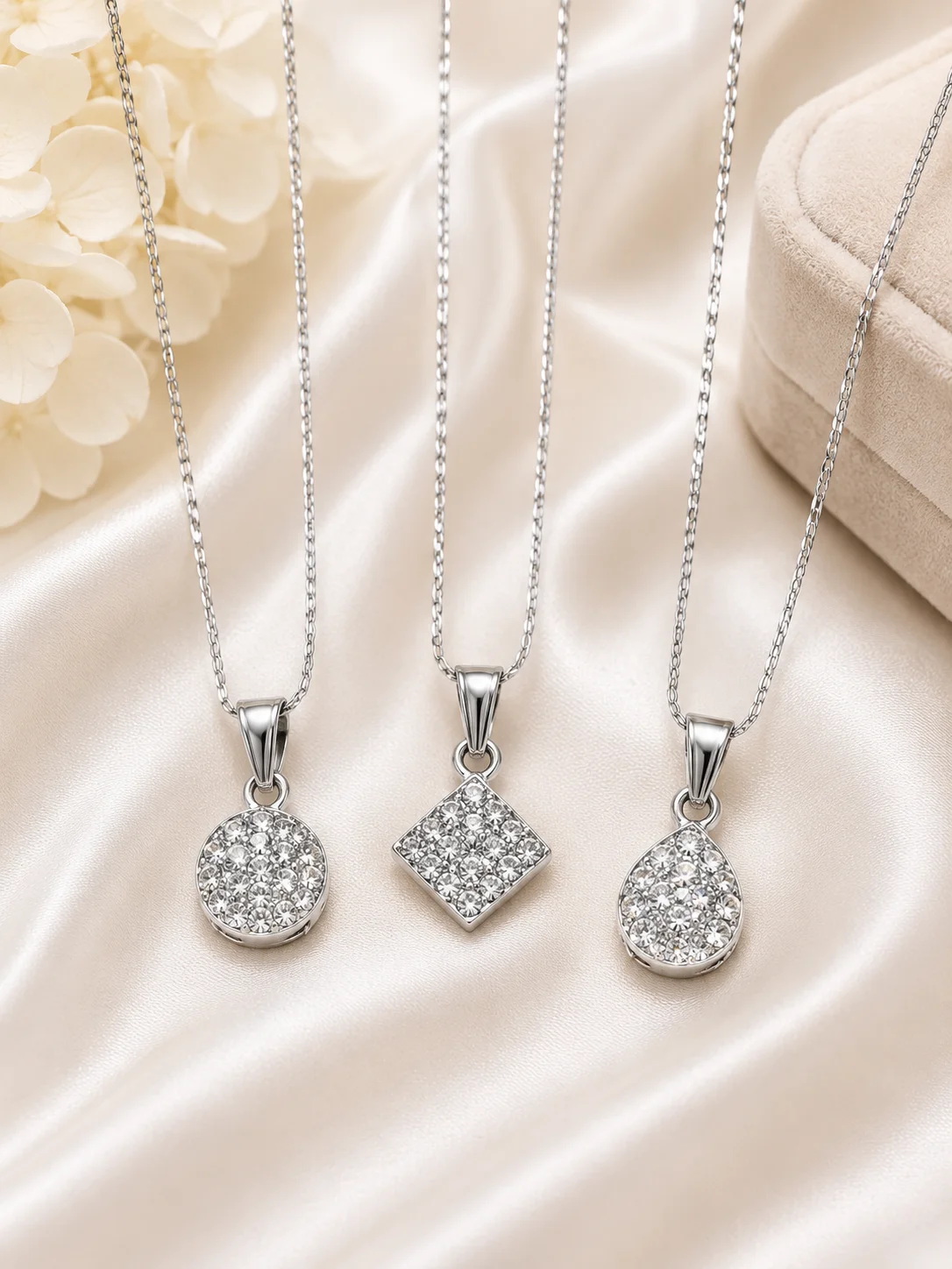 Silver Crystal Pendant Necklace Set – 3 Elegant Designs for Women
