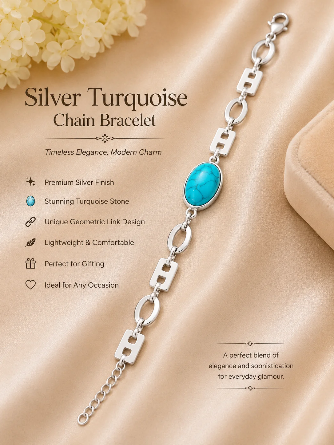 Silver Turquoise Stone Link Bracelet