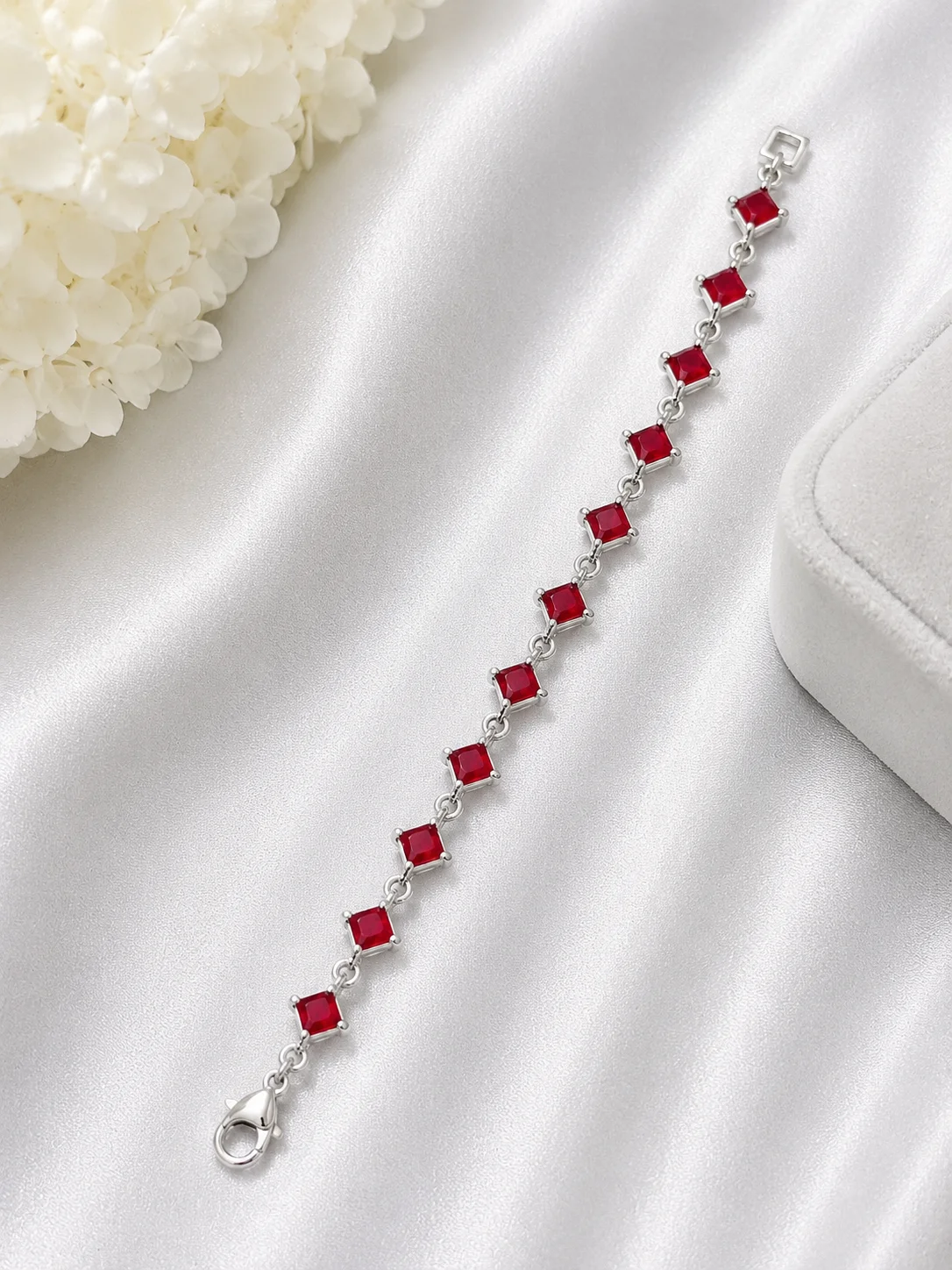 Silver Ruby Red Crystal Bracelet for Women