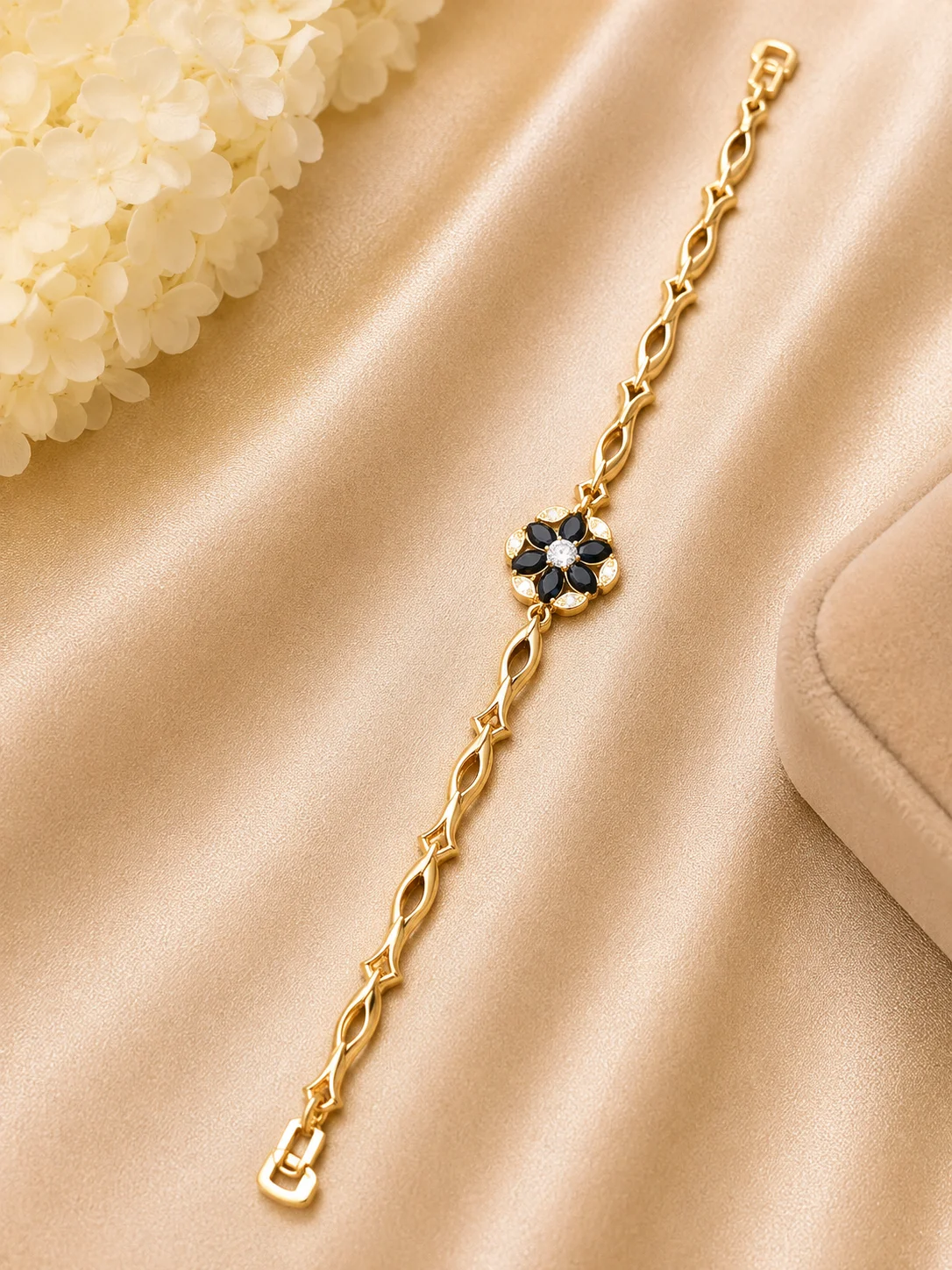 Black Floral Crystal Gold Bracelet |
