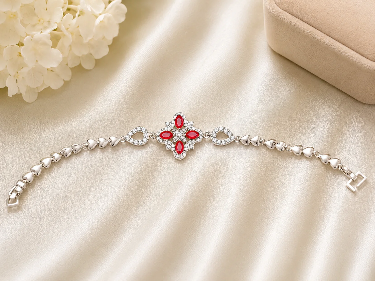 Silver Heart Link Bracelet with Ruby Floral Center