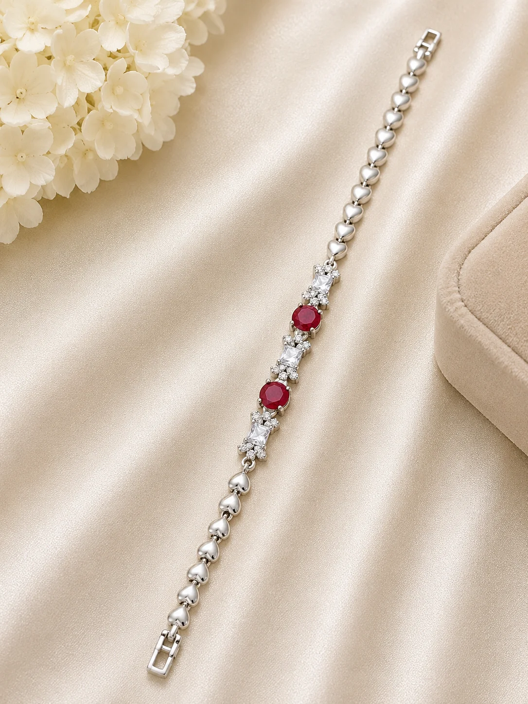 Silver Heart Link Bracelet with Ruby & Crystal Accents