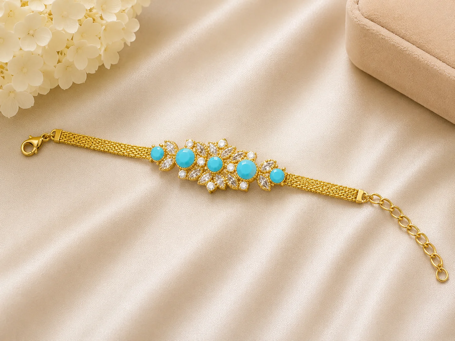 Gold-Plated Turquoise Floral Bracelet for Women