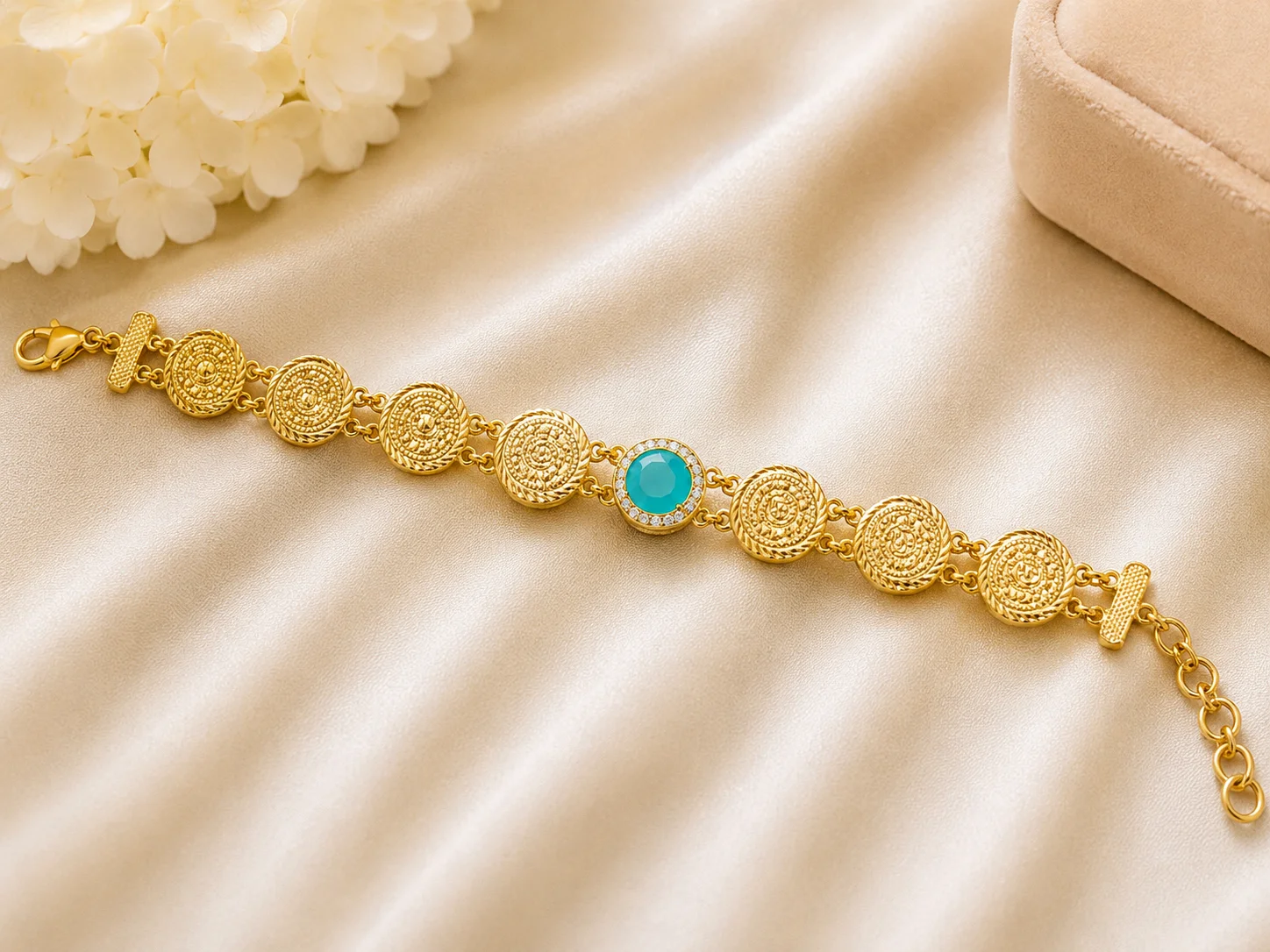 Gold-Plated Turquoise Coin Bracelet