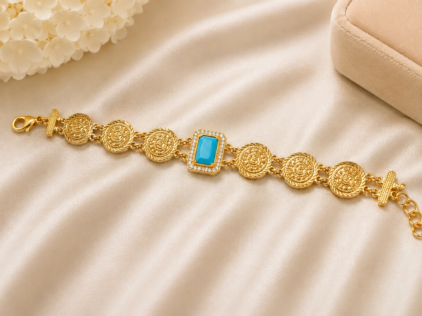Gold-Plated Vintage Coin Bracelet with Turquoise Stone