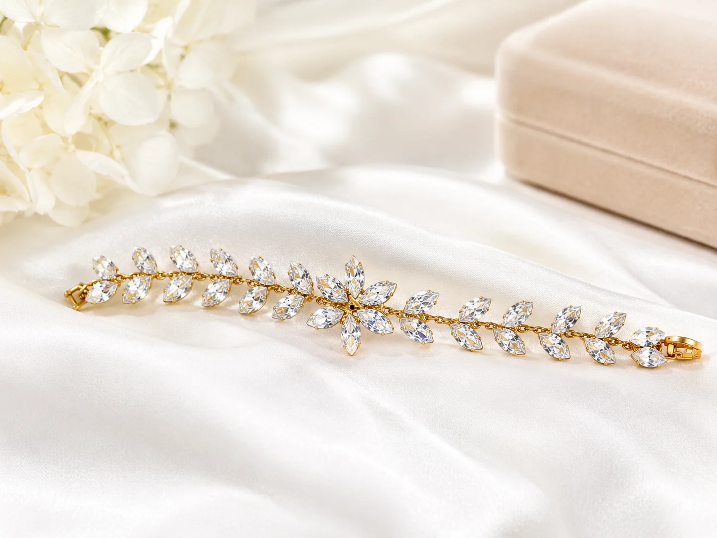Luxury Crystal Leaf Floral Bracelet – Golden Finish
