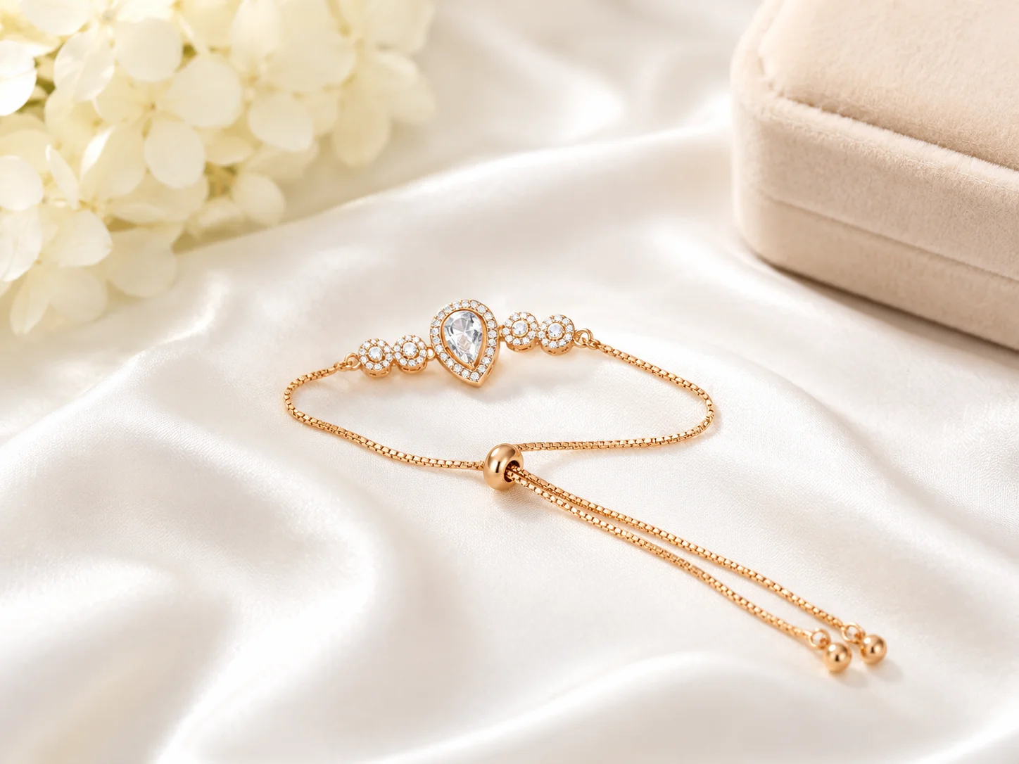 Teardrop Crystal Adjustable Bracelet – Rose Gold