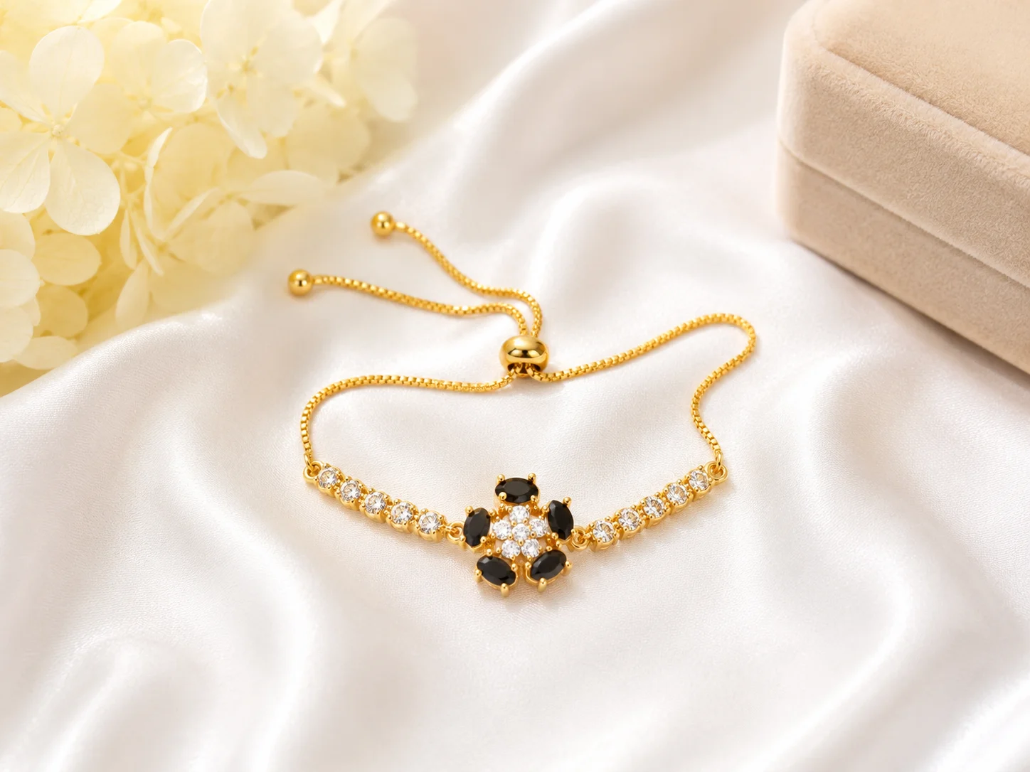 Luxury Black Floral Crystal Adjustable Bracelet – Golden Finish