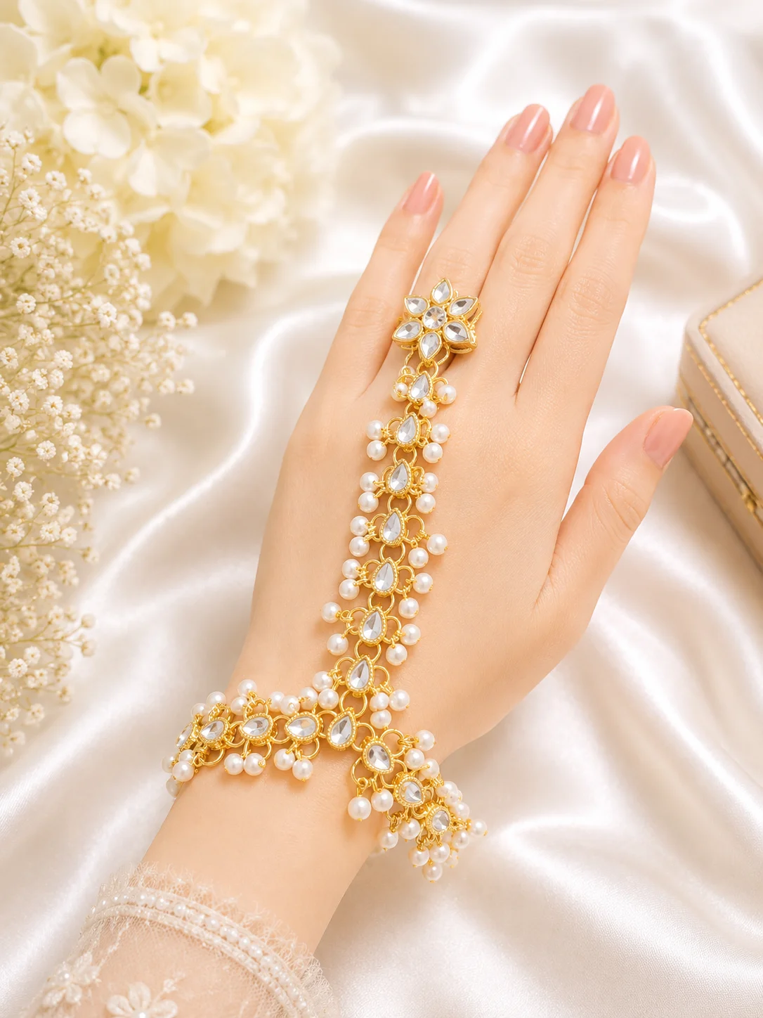 Multicolor Pearl Kundan Hath Phool Hand Jewelry