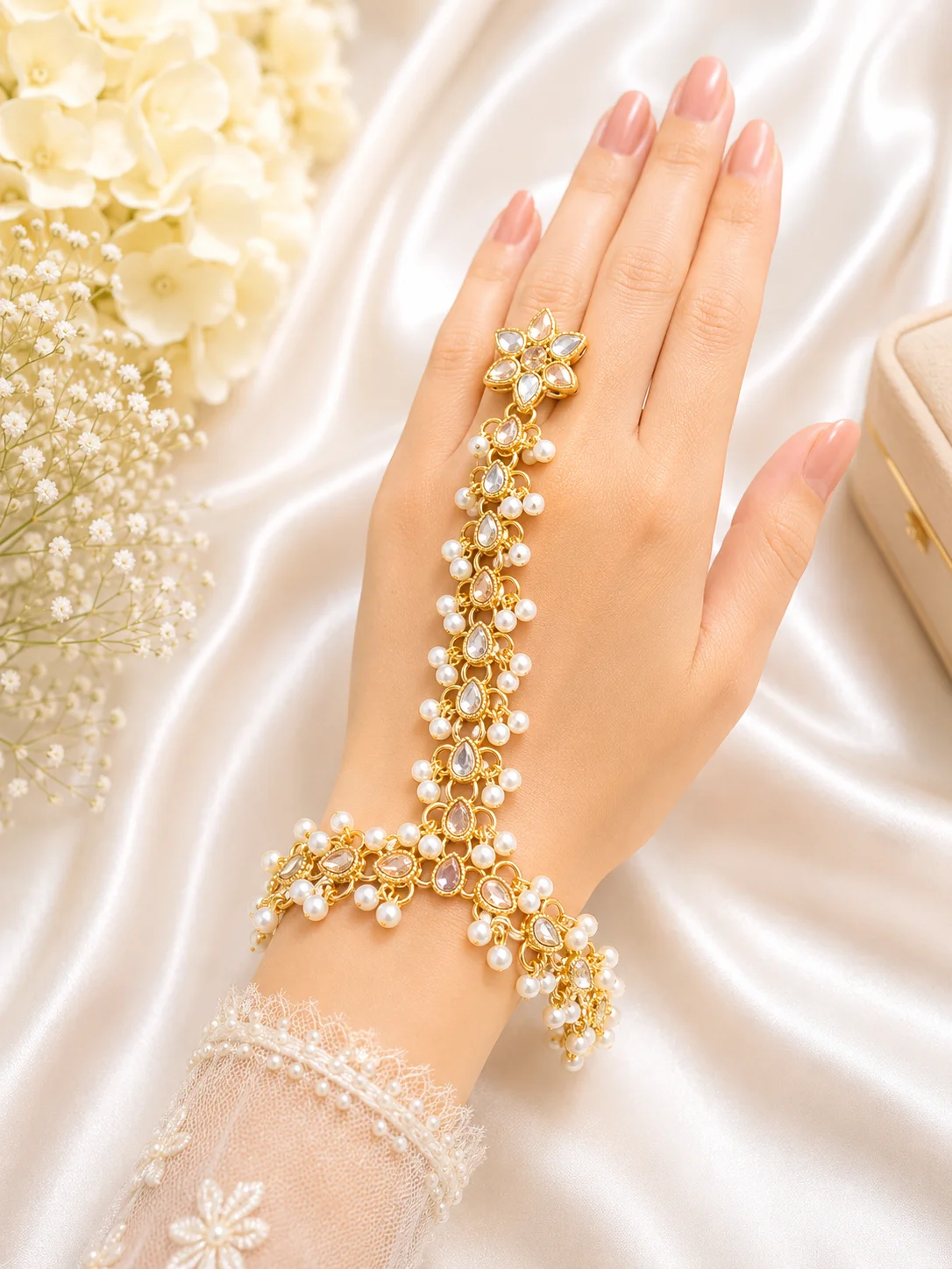 Multicolor Pearl Kundan Hath Phool Hand Jewelry