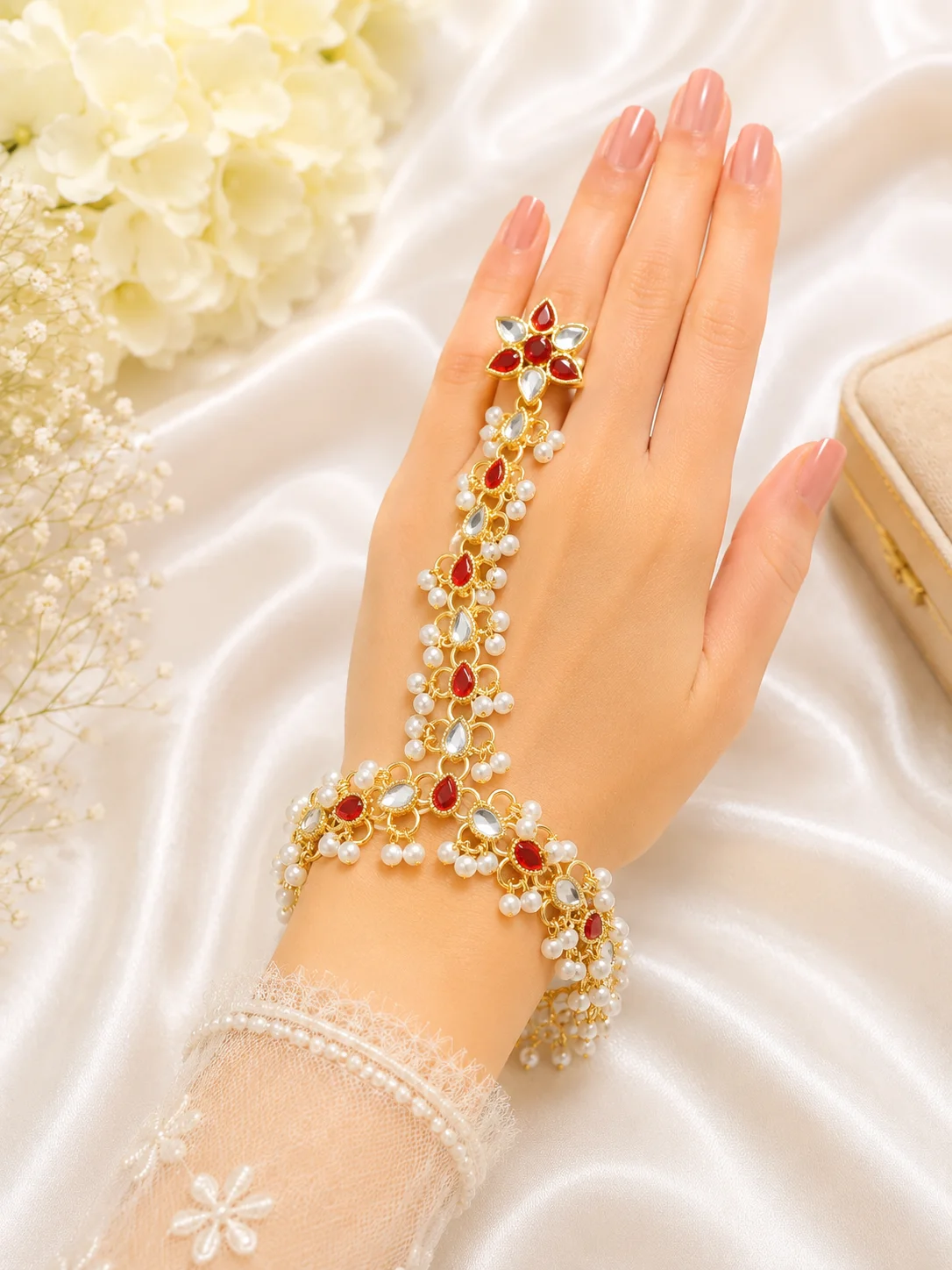 Multicolor Pearl Kundan Hath Phool Hand Jewelry