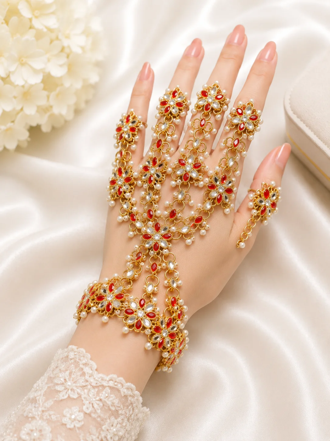 Red & Mirror Stone Pearl Bridal Hand Harness Jewelry