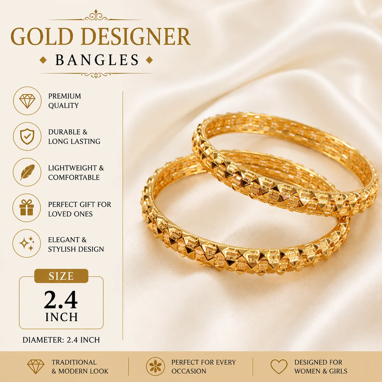Premium Gold Textured Designer Bangles for Women – Elegant Bracelet Pair | Size 2.4