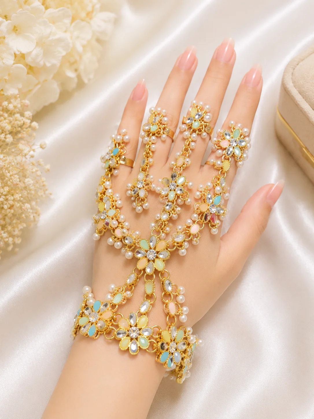 Multicolor Floral Pearl Bridal Hath Phool Hand Jewelry