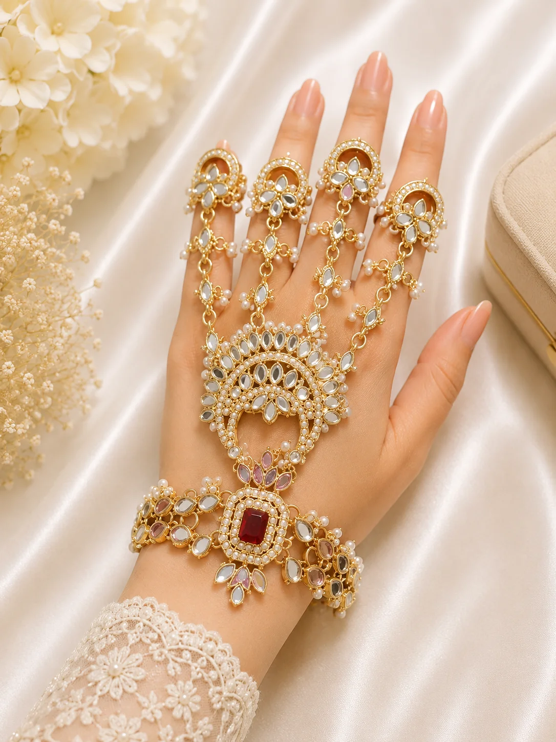 Royal Kundan Mirror Stone & Pearl 5 Finger Bridal Hath Phool