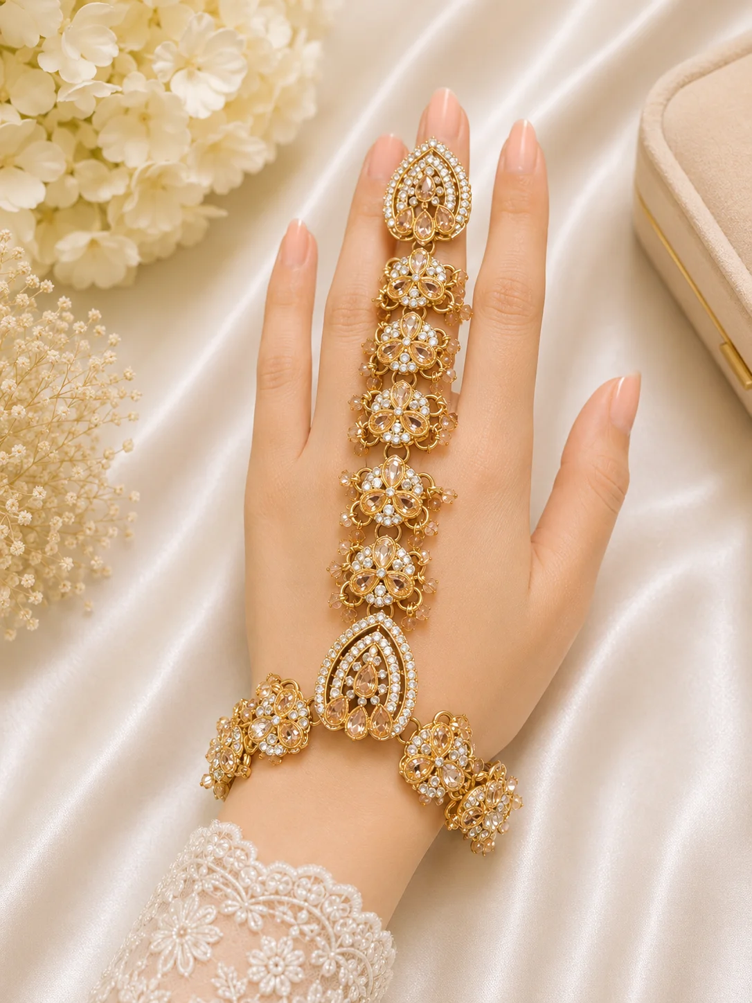 Golden Champagne Crystal Floral Hath Phool Hand Jewelry