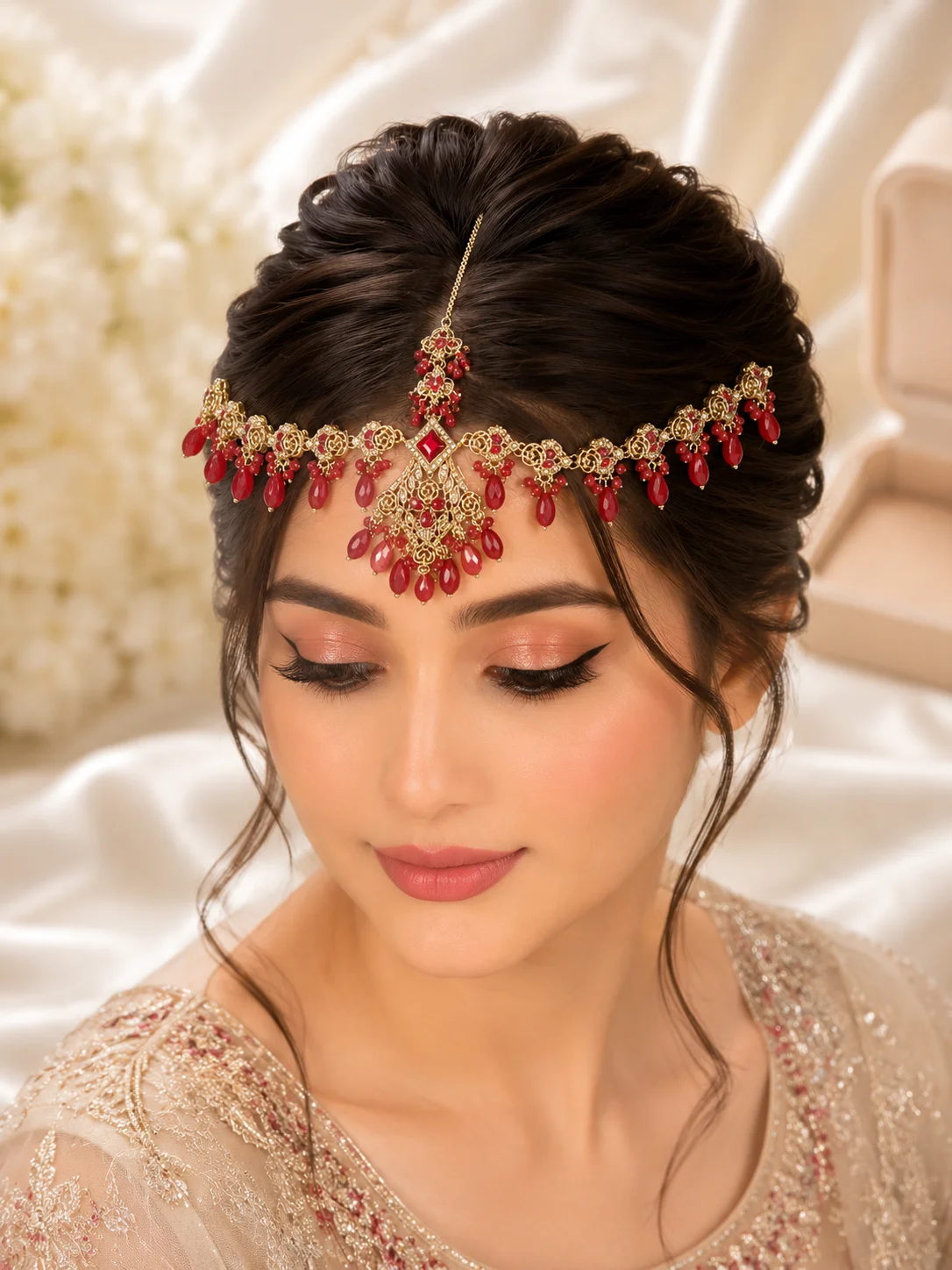 Luxury Gold Matha Patti Set – Ruby Red & Emerald Green