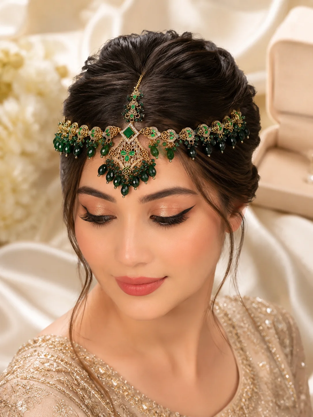 Luxury Gold Matha Patti Set – Ruby Red & Emerald Green