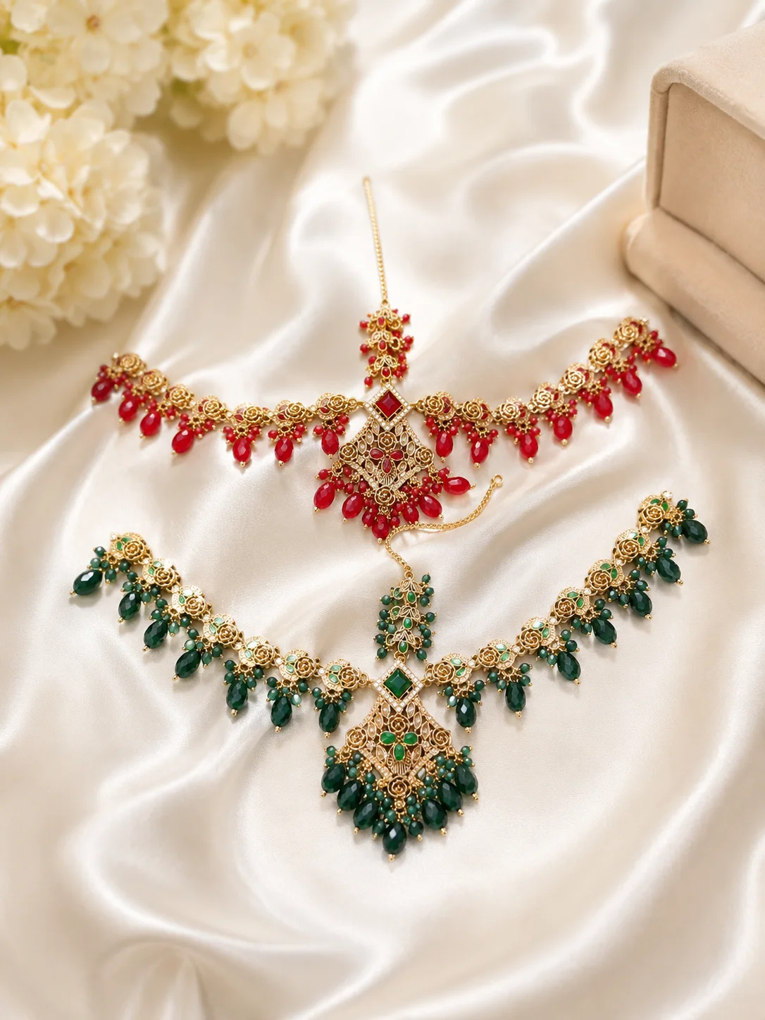 Luxury Gold Matha Patti Set – Ruby Red & Emerald Green