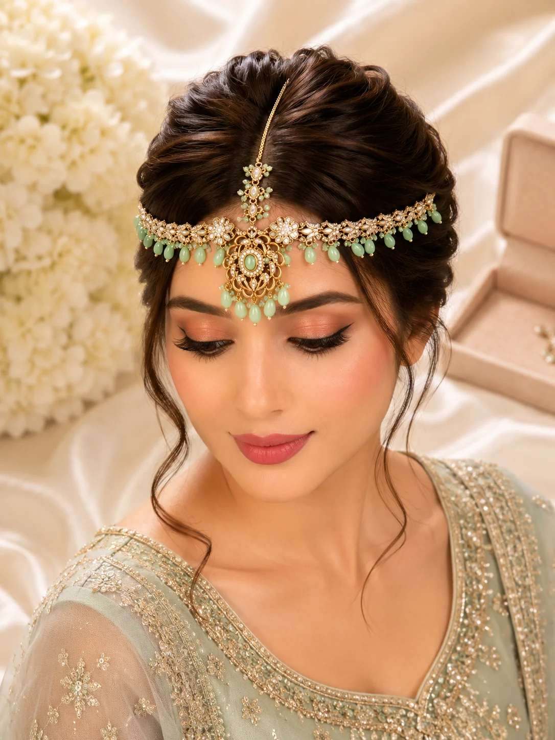 Luxury Mint Green Matha Patti – Gold & Silver Bridal Collection