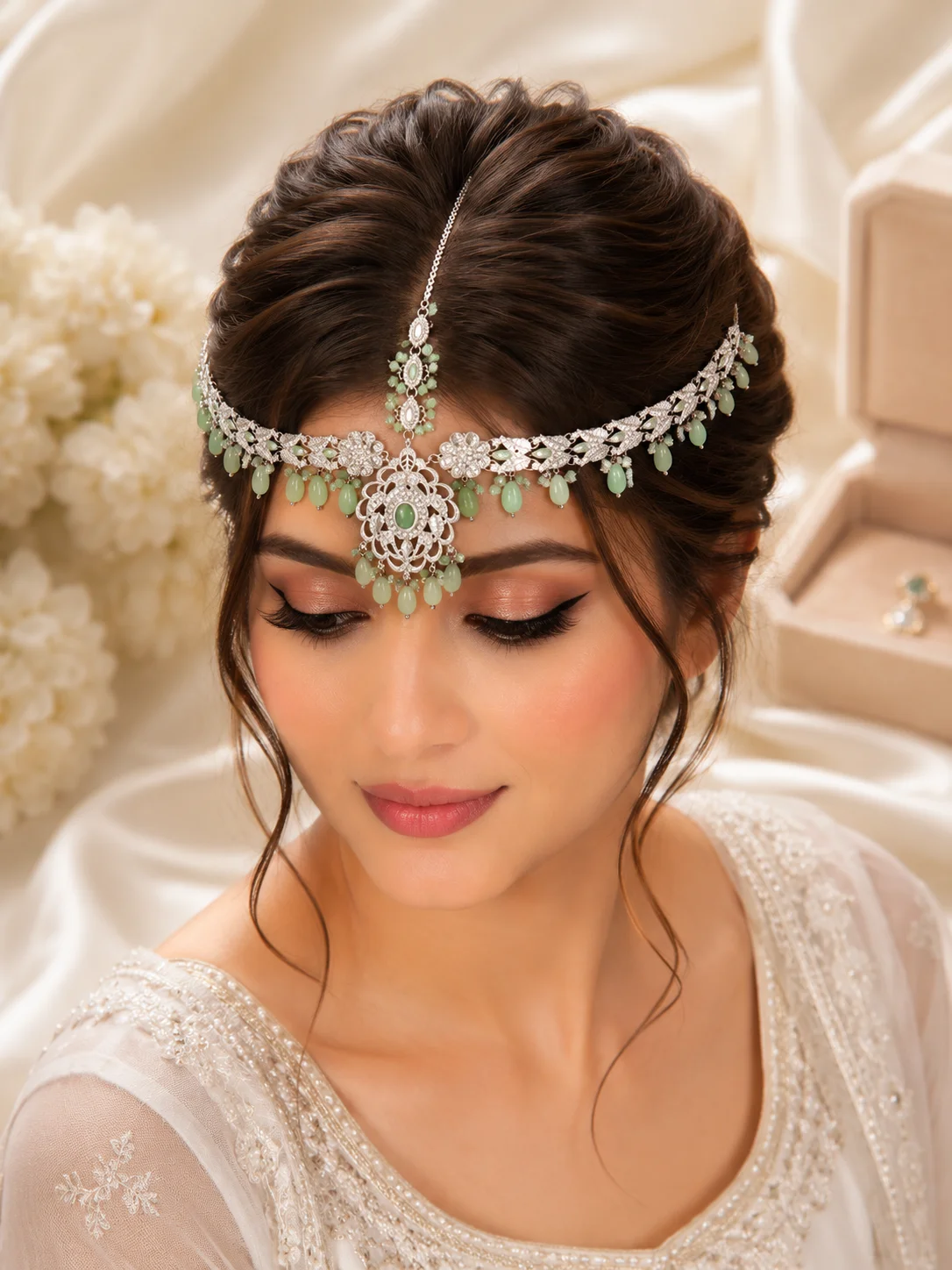 Luxury Mint Green Matha Patti – Gold & Silver Bridal Collection