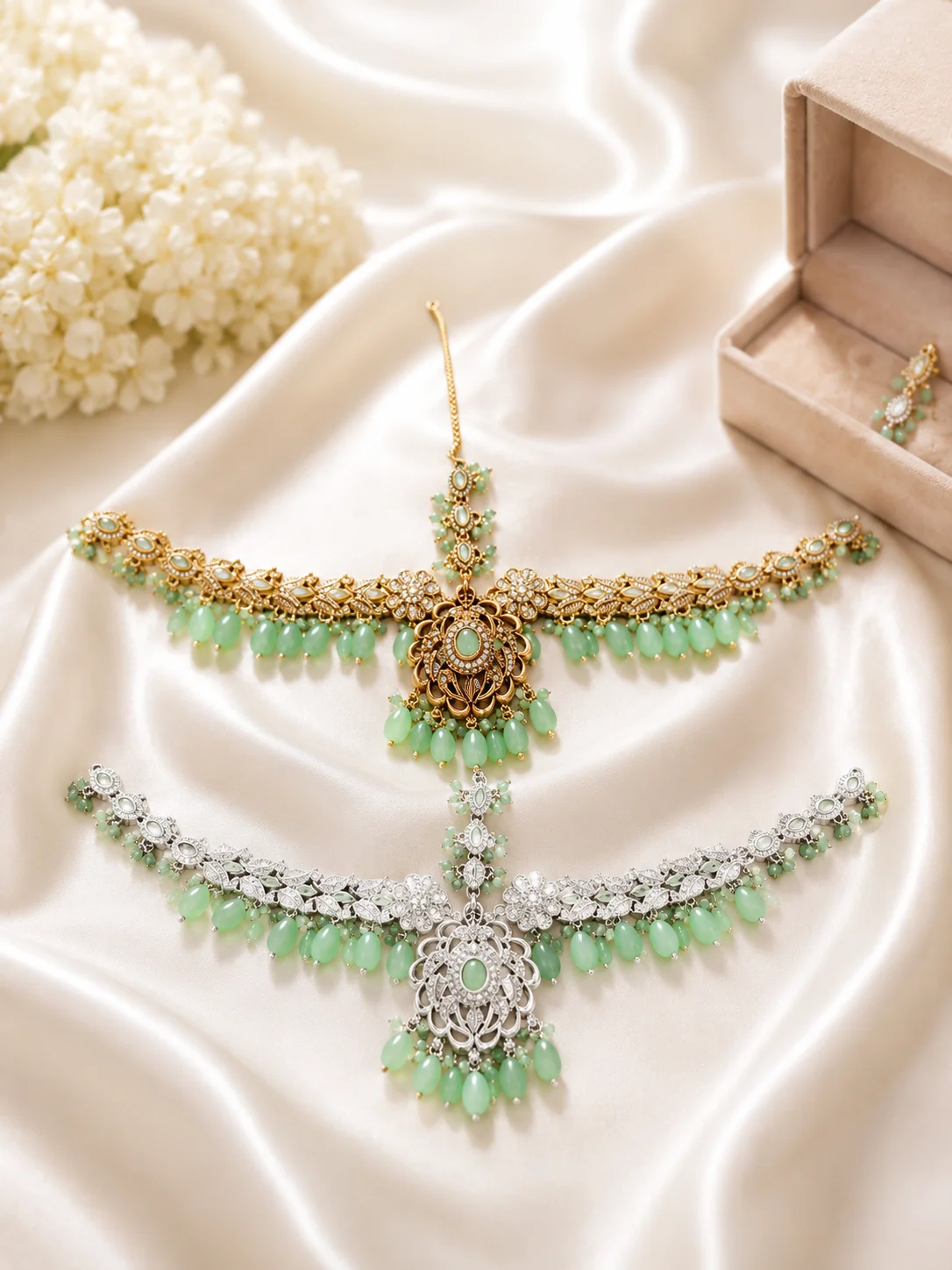 Luxury Mint Green Matha Patti – Gold & Silver Bridal Collection