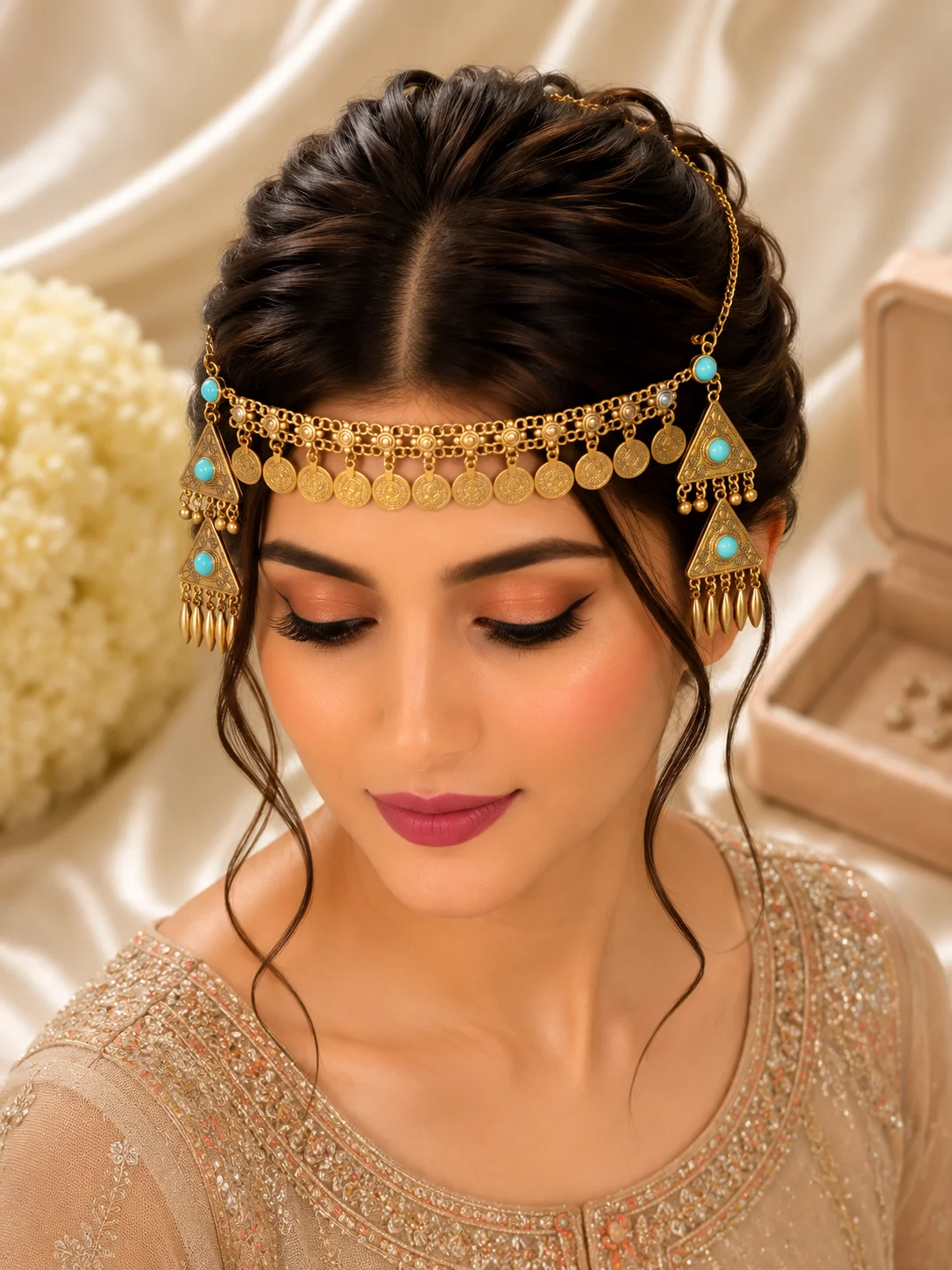 Antique Gold Headpiece Set – Coral & Turquoise Stone Design