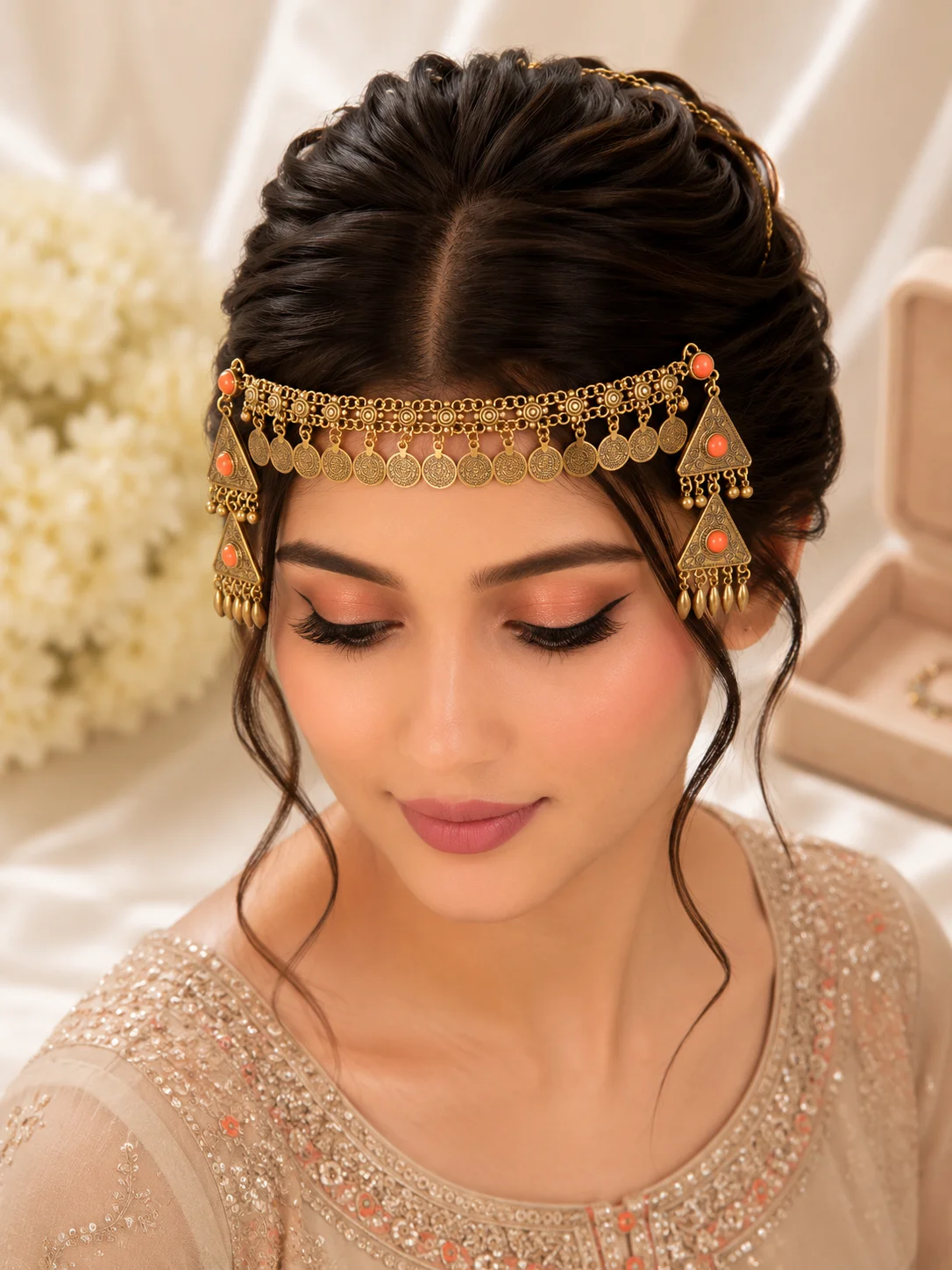 Antique Gold Headpiece Set – Coral & Turquoise Stone Design