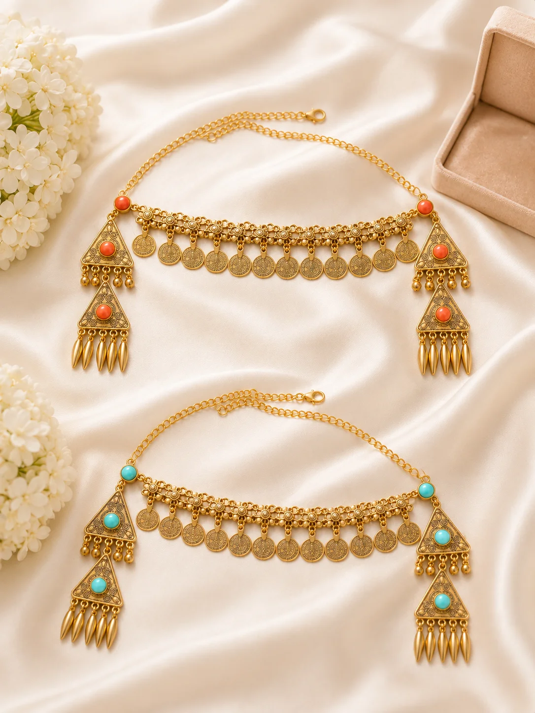 Antique Gold Headpiece Set – Coral & Turquoise Stone Design