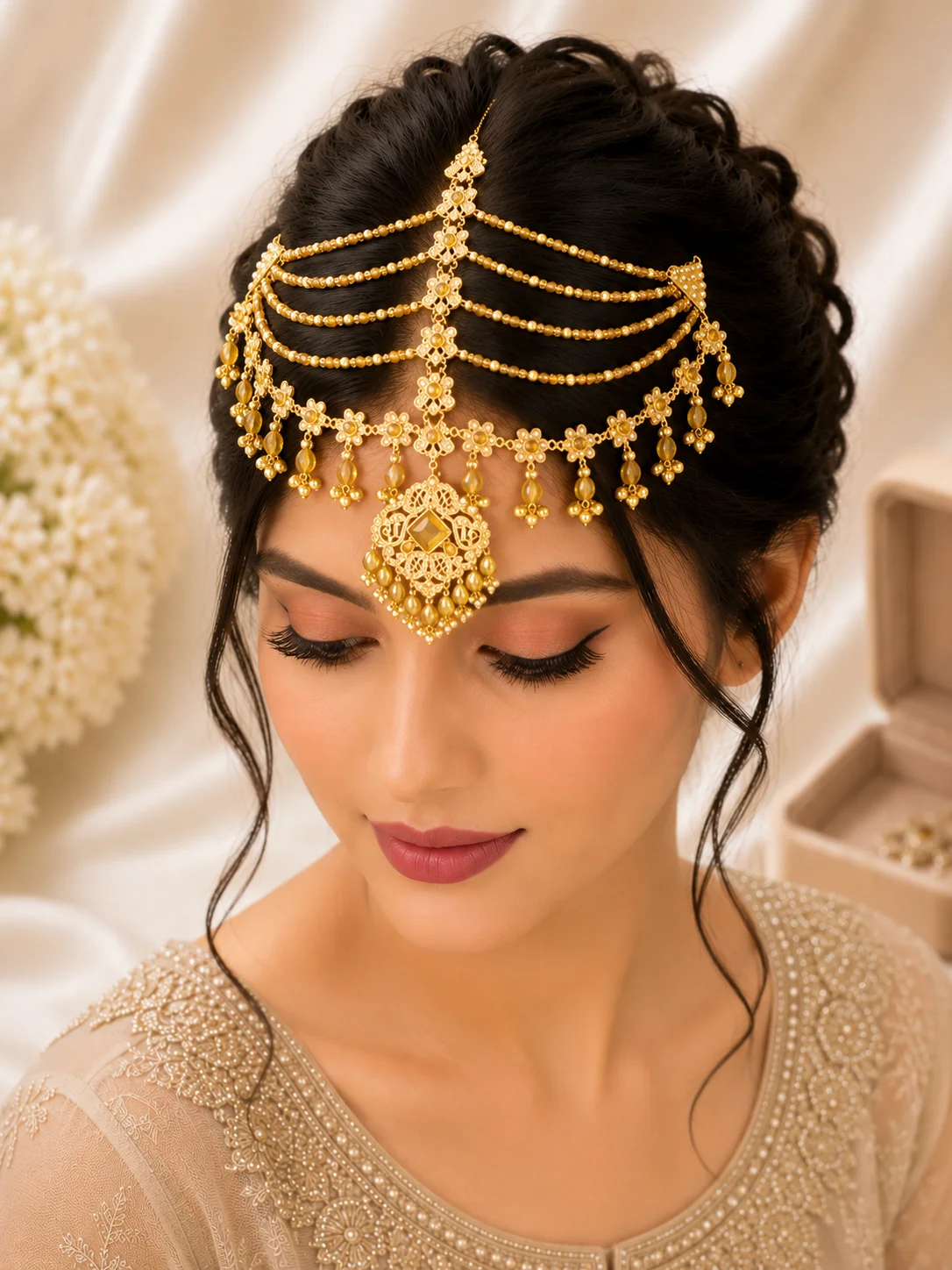 Luxury Layered Bridal Matha Patti – Ruby Red & Pearl Gold Design
