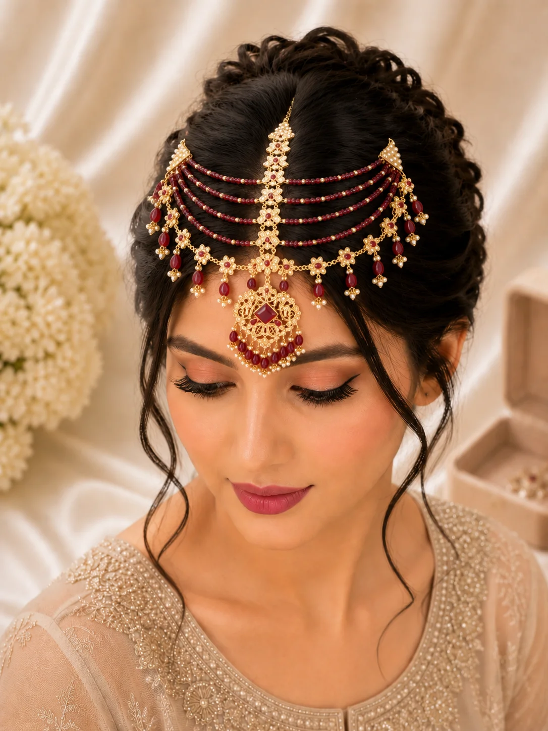 Luxury Layered Bridal Matha Patti – Ruby Red & Pearl Gold Design