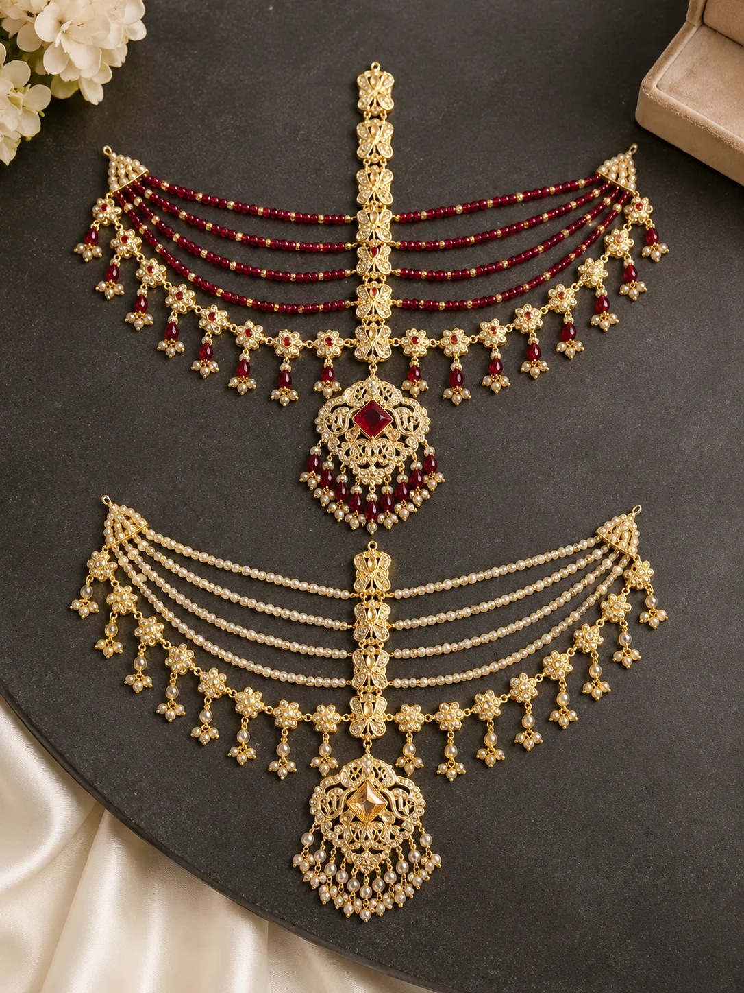 Luxury Layered Bridal Matha Patti – Ruby Red & Pearl Gold Design