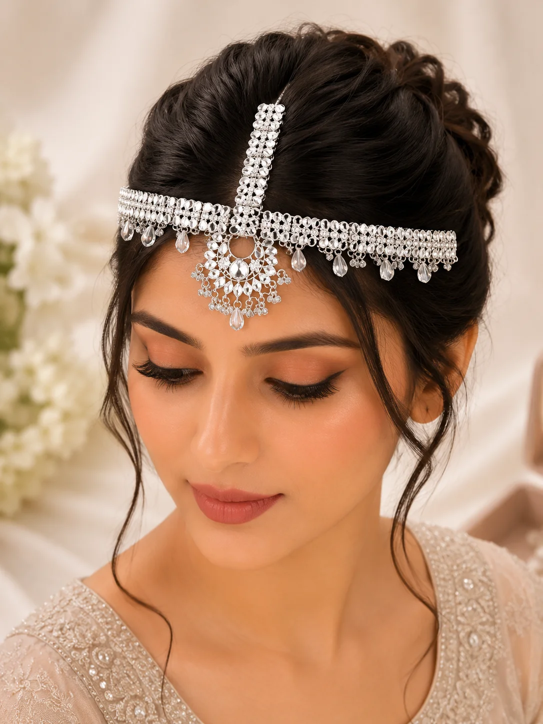 Luxury Silver Matha Patti – White Mirror & Blush Pink Stone Collection