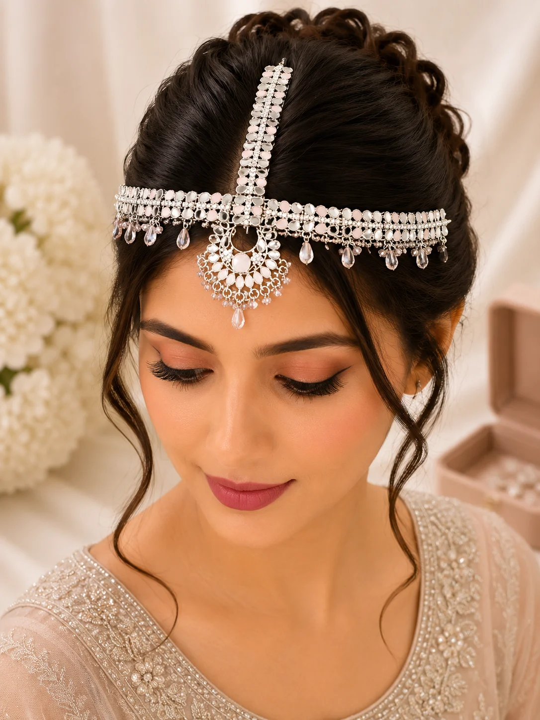 Luxury Silver Matha Patti – White Mirror & Blush Pink Stone Collection