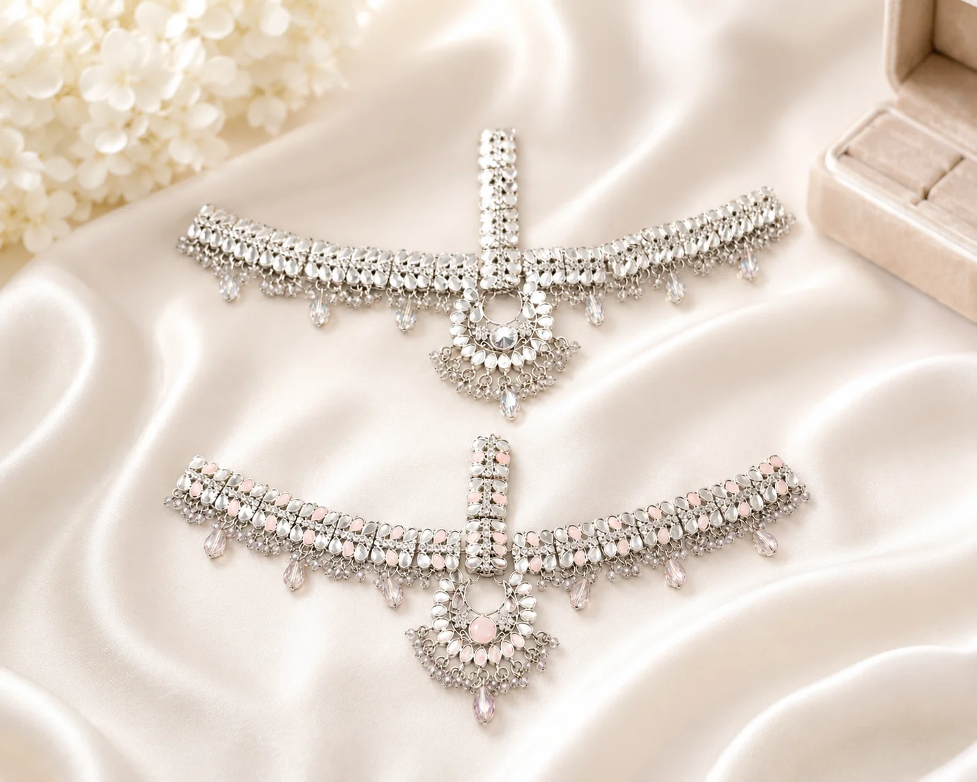 Luxury Silver Matha Patti – White Mirror & Blush Pink Stone Collection